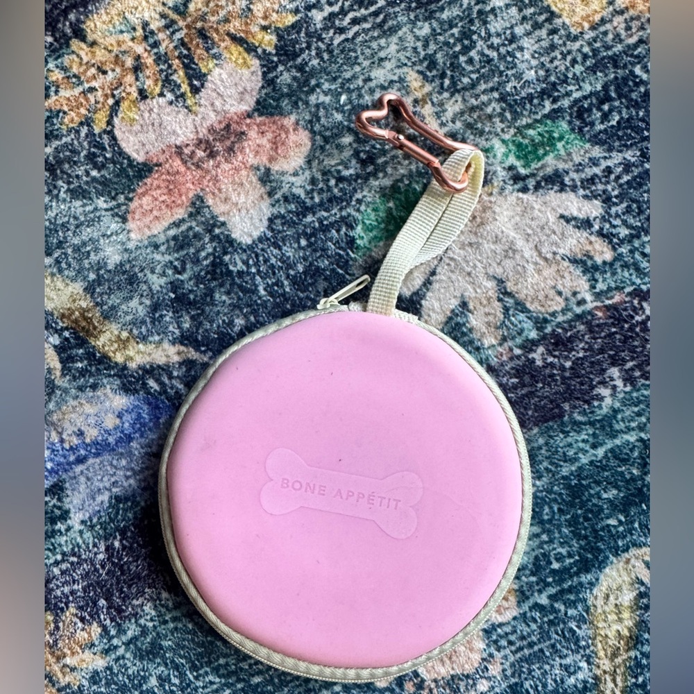 Pink Portable Dog Bowl with Bone Clip